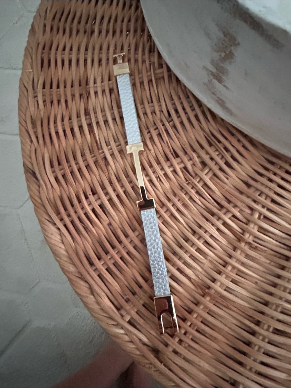 Gold & White Leather Bracelet with T-Bar Accent